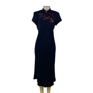 S.L. Fashions Mandarin Floral Embroidered Cheongsam Women's Black Sz 8P